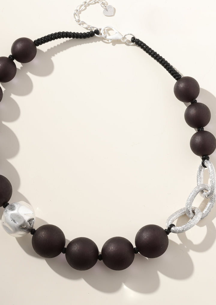 Merx -  Matte Black & Silver Large Bead Necklace