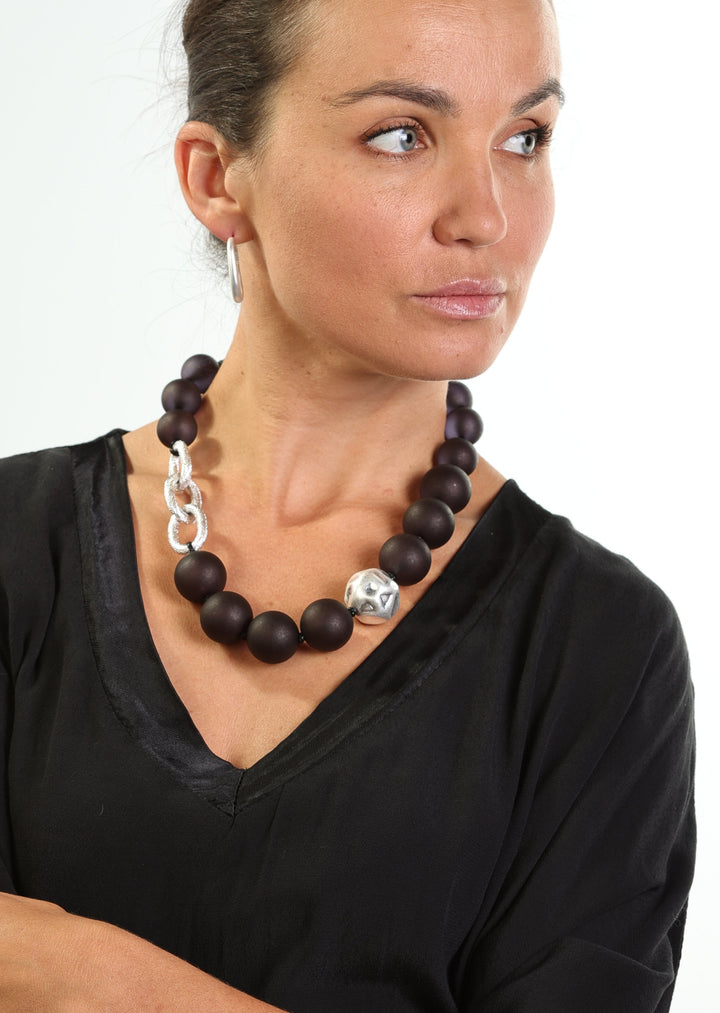 Merx -  Matte Black & Silver Large Bead Necklace