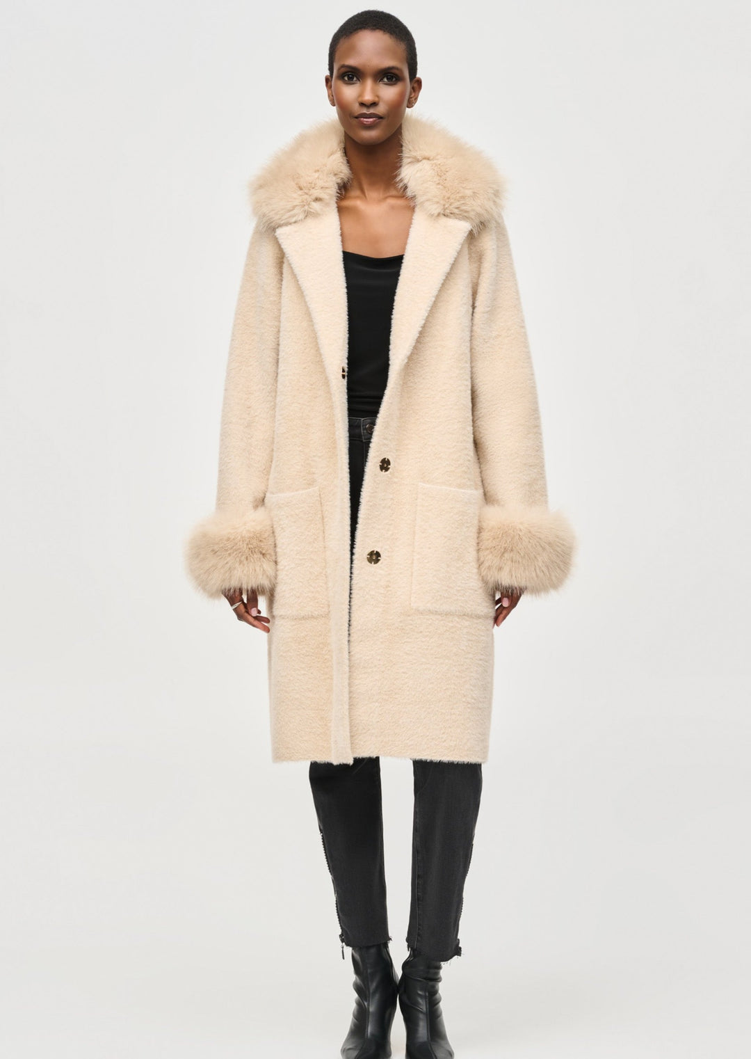 Joseph Ribkoff - Feather Yarn and Faux Fur Sweater Coat