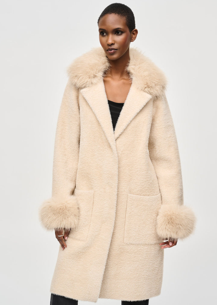 Joseph Ribkoff - Feather Yarn and Faux Fur Sweater Coat