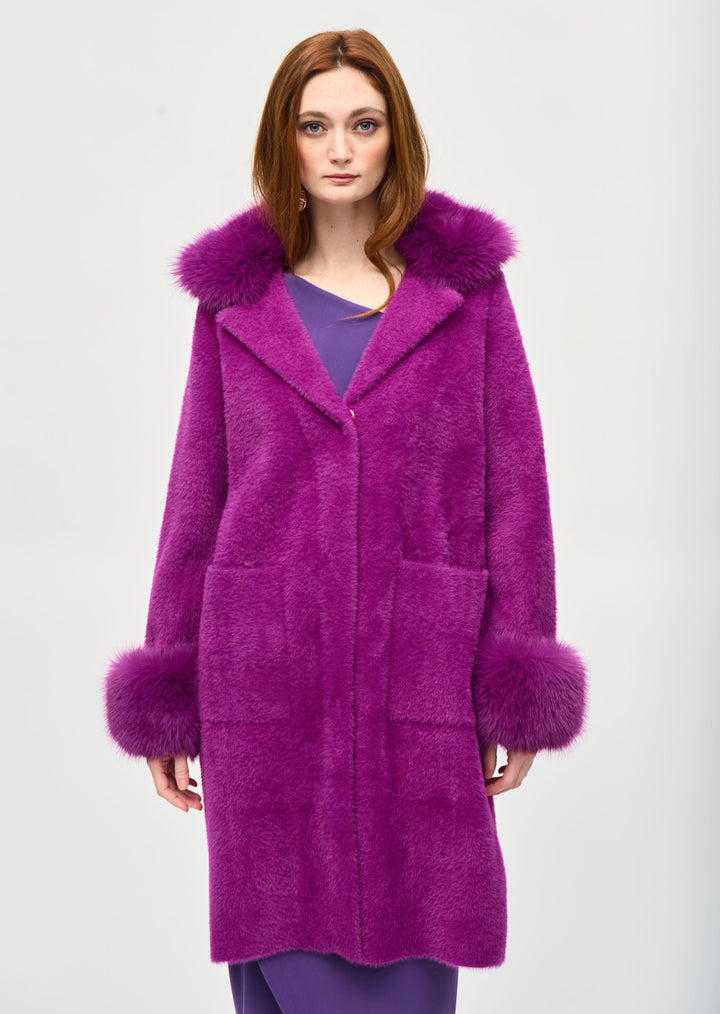 Joseph Ribkoff - Feather Yarn and Faux Fur Sweater Coat