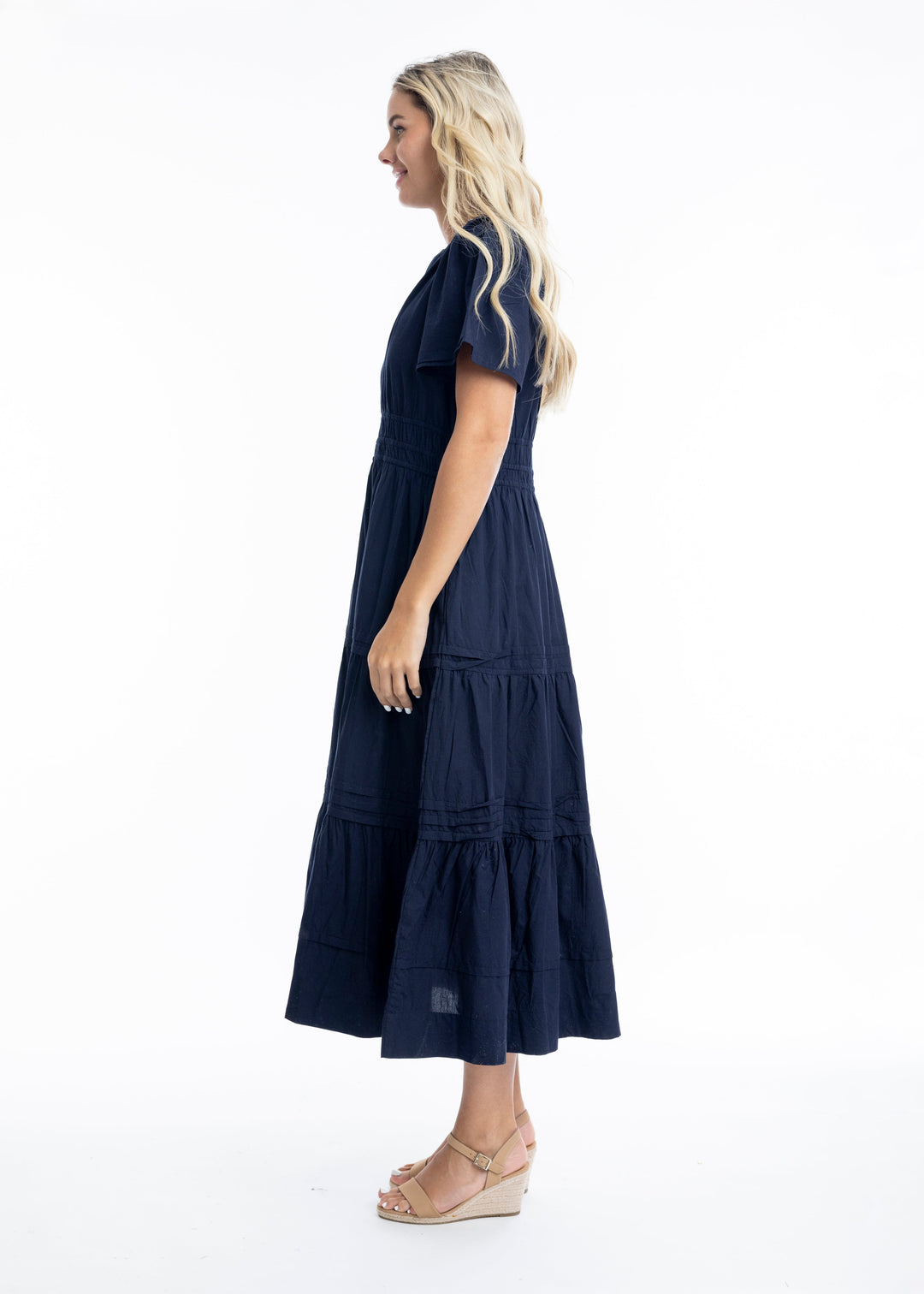 Orientique - Poplin Maxi Dress with Ruched Waist