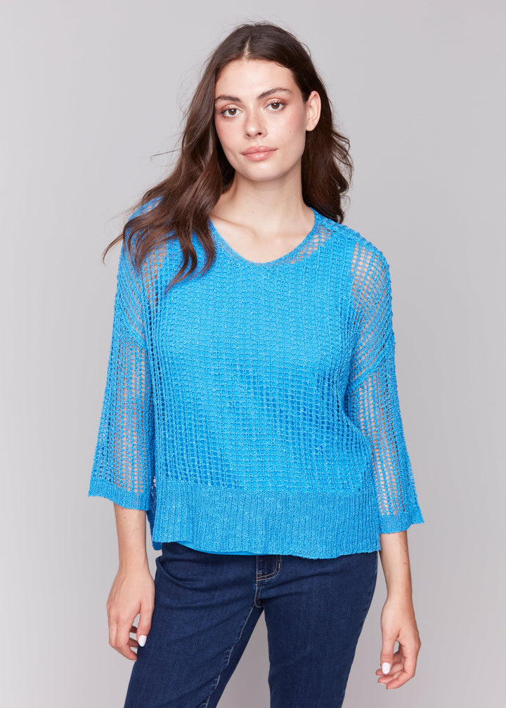 Charlie B - 3/4 Sleeve V-neck Fishnet Top