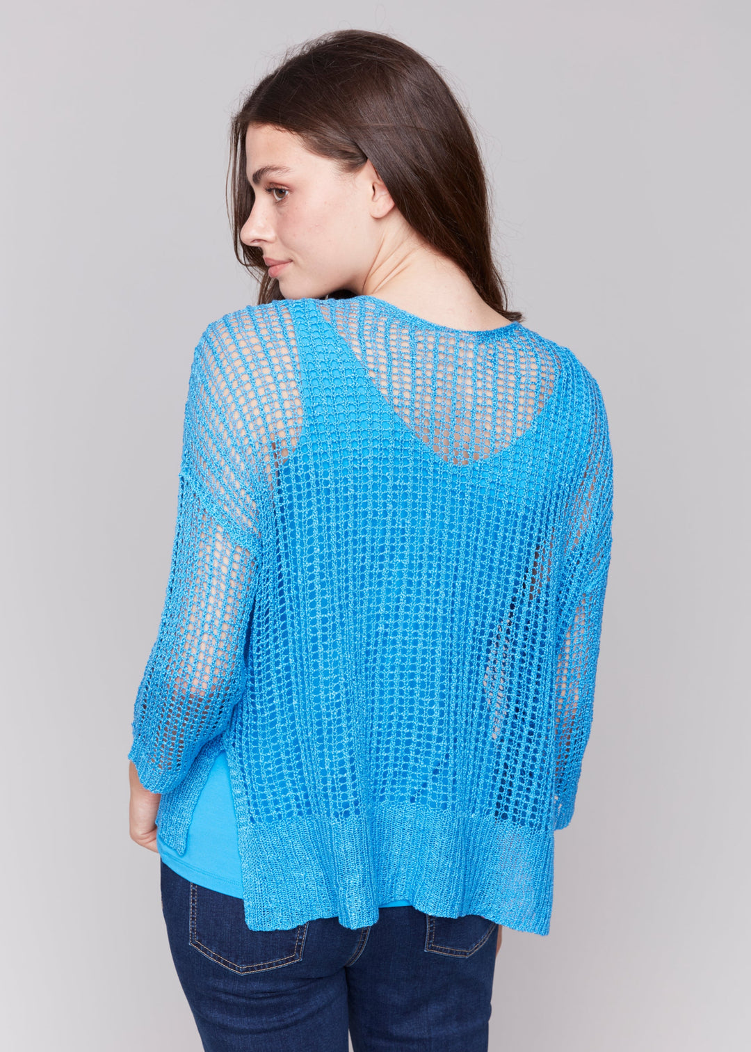 Charlie B - 3/4 Sleeve V-neck Fishnet Top