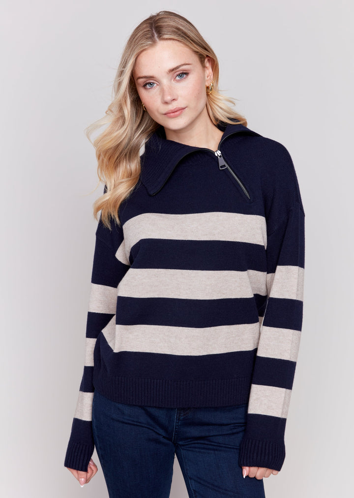 Charlie B - Stripes Zip Turtleneck Sweater