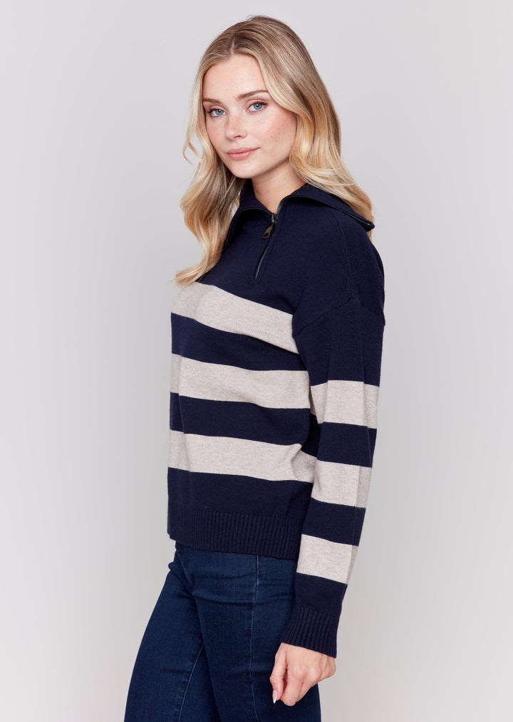 Charlie B - Stripes Zip Turtleneck Sweater