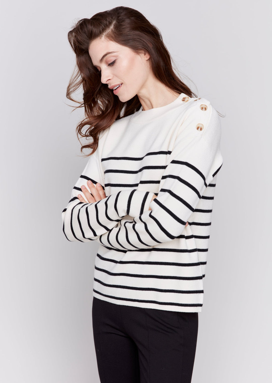 Charlie B - Stripe Shoulder Button Crew Neck Sweater