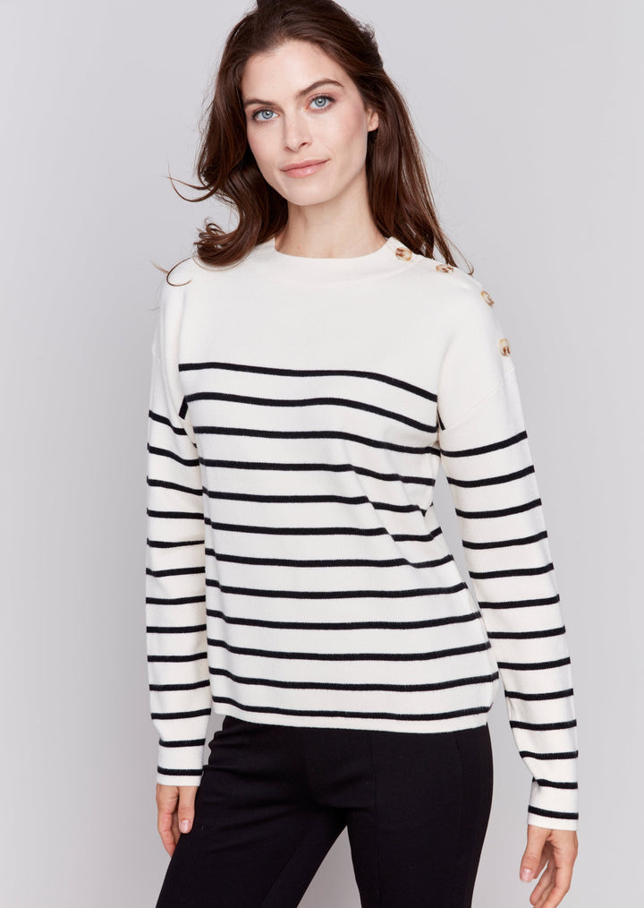 Charlie B - Stripe Shoulder Button Crew Neck Sweater