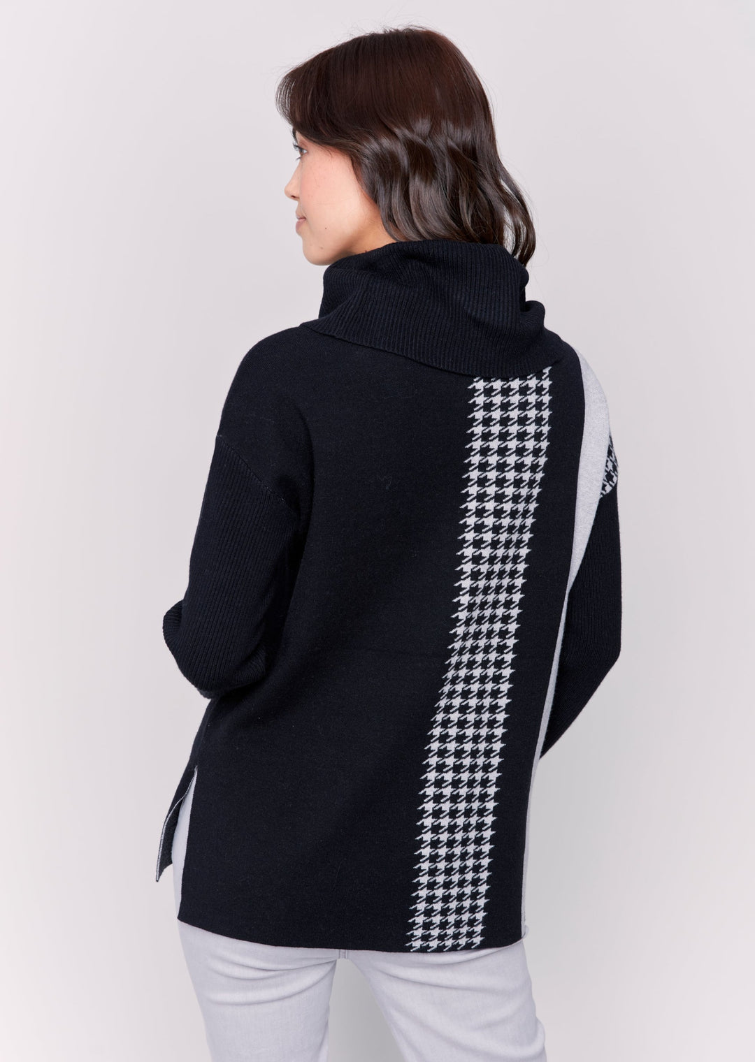 Charlie B - Houndstooth Stripe Cowl Neck Sweater