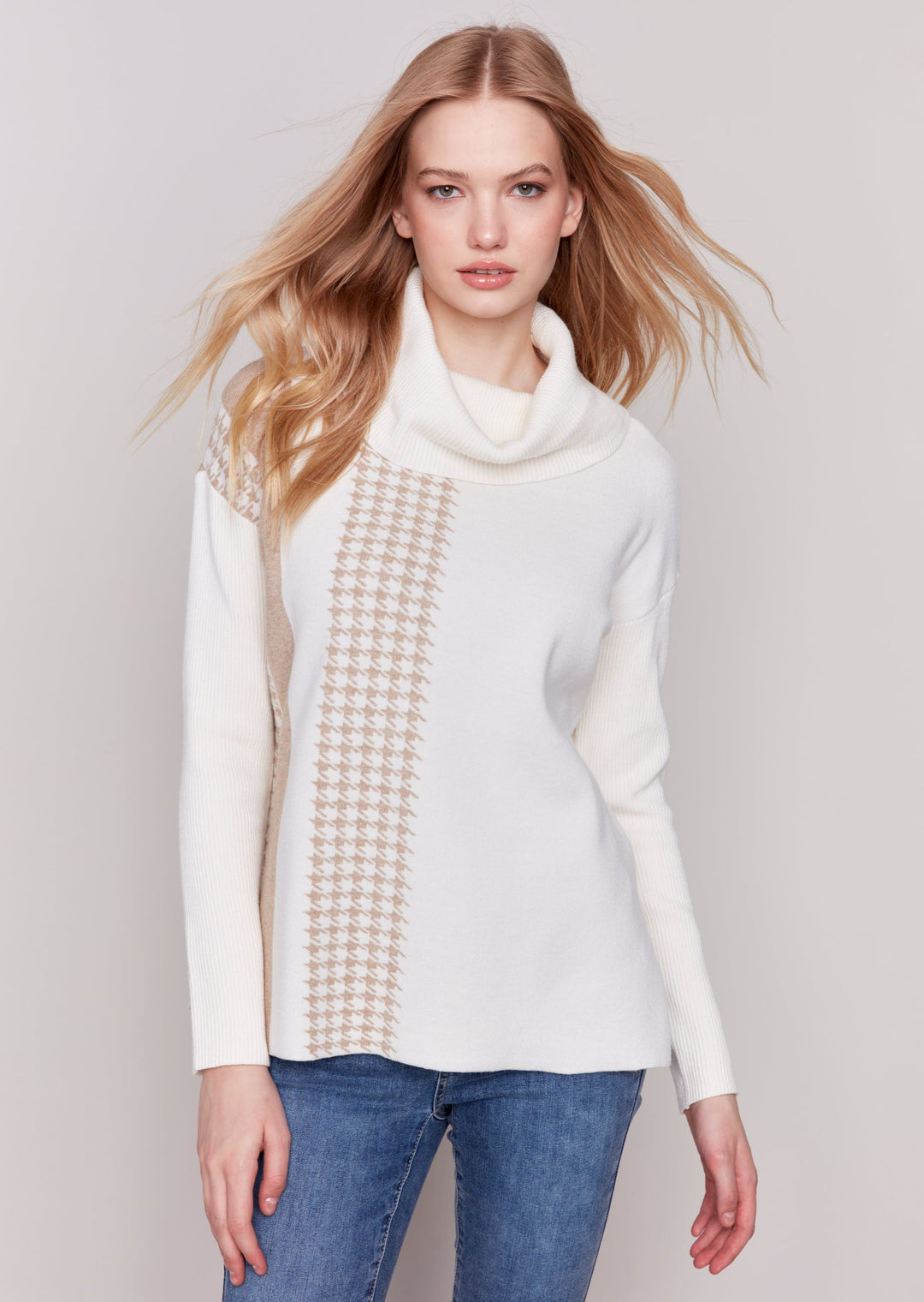 Charlie B - Houndstooth Stripe Cowl Neck Sweater