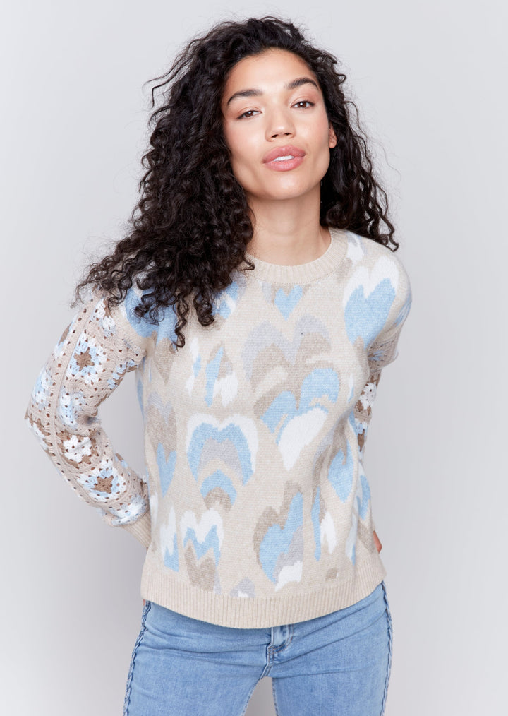 Charlie B - Hearts Jacquard and Crochet Sleeve Sweater