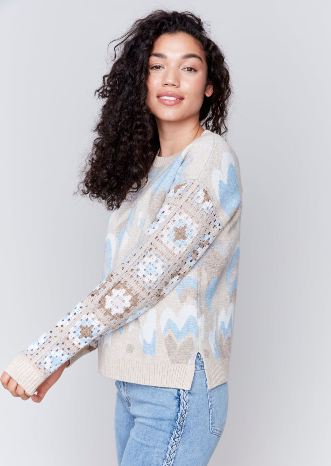 Charlie B - Hearts Jacquard and Crochet Sleeve Sweater