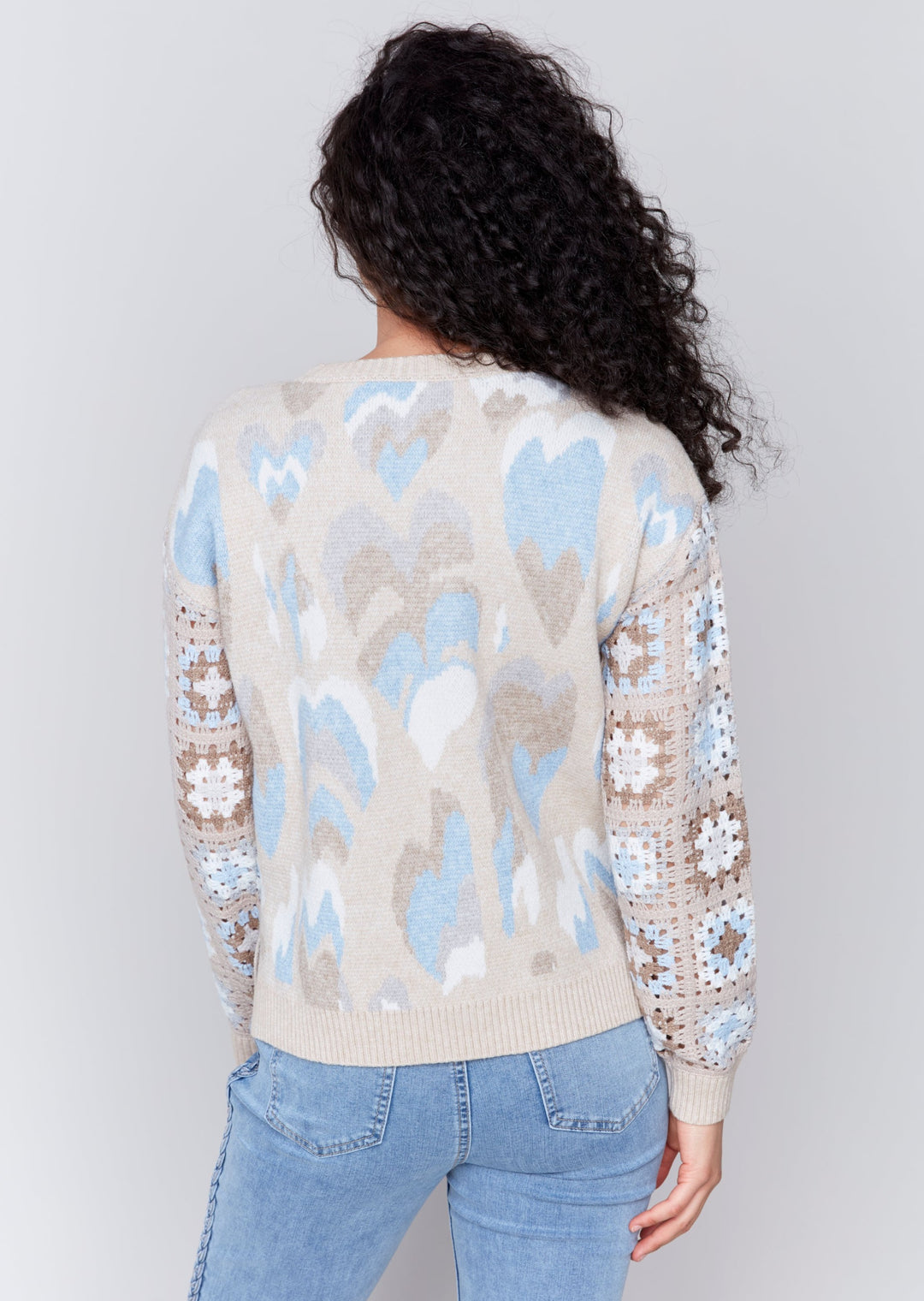 Charlie B - Hearts Jacquard and Crochet Sleeve Sweater