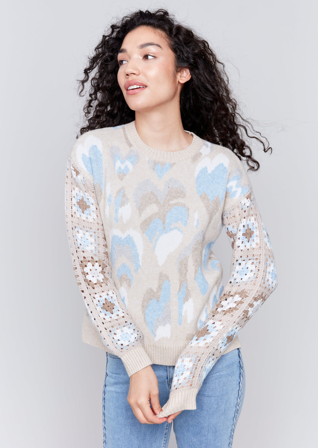 Charlie B - Hearts Jacquard and Crochet Sleeve Sweater