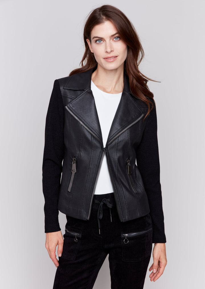 Charlie B -Vintage Faux Leather and Rib Knit Jacket