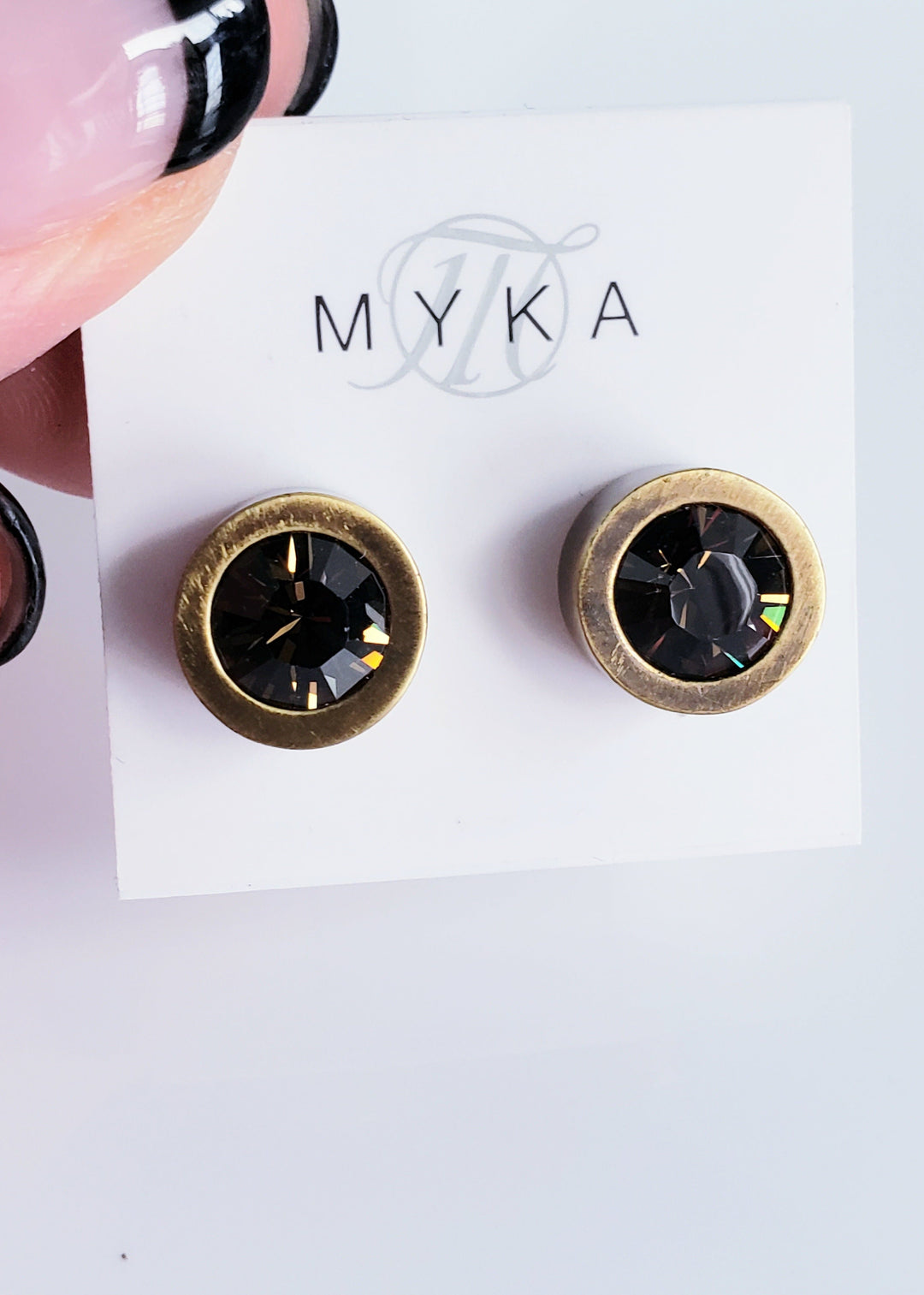 Myka - Antique Brass Smoky Quartz Round Crystal Earrings