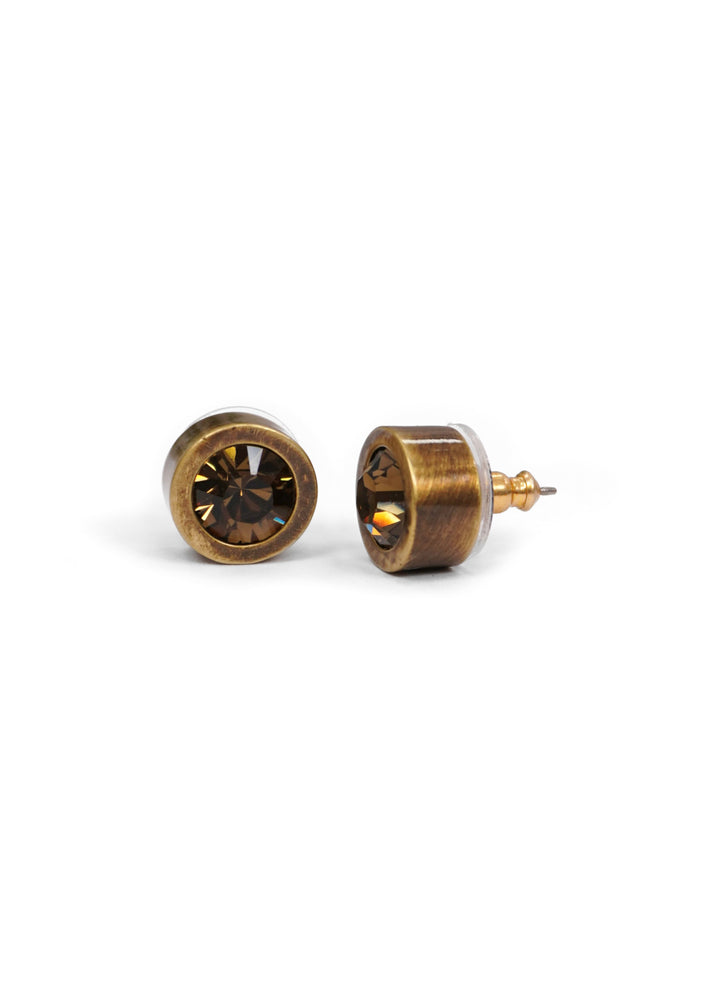 Myka - Antique Brass Smoky Quartz Round Crystal Earrings