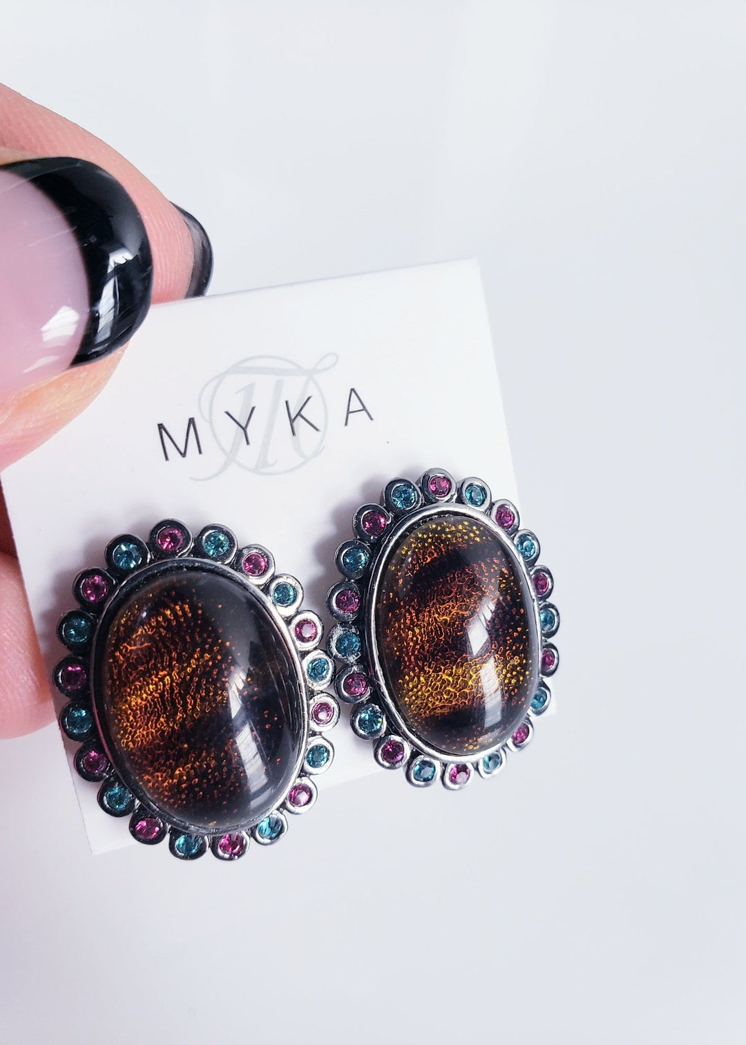 Myka - Black Rhodium Oval Tortoise Crystal Trim Earrings