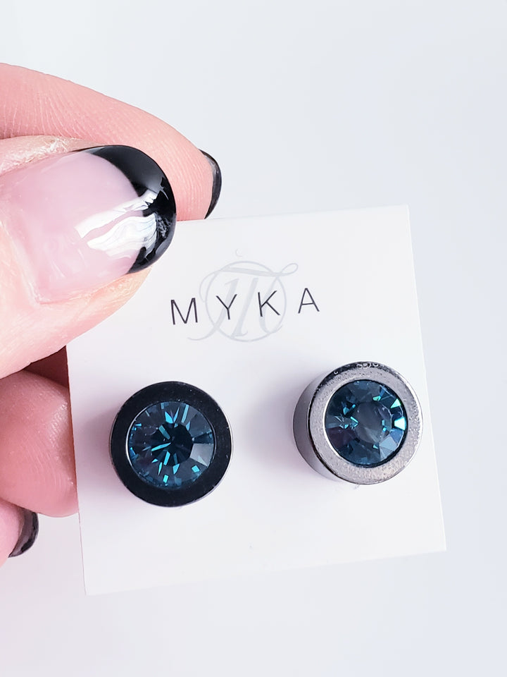 Myka - Black Rhodium Indicolite Round Crystal Earrings