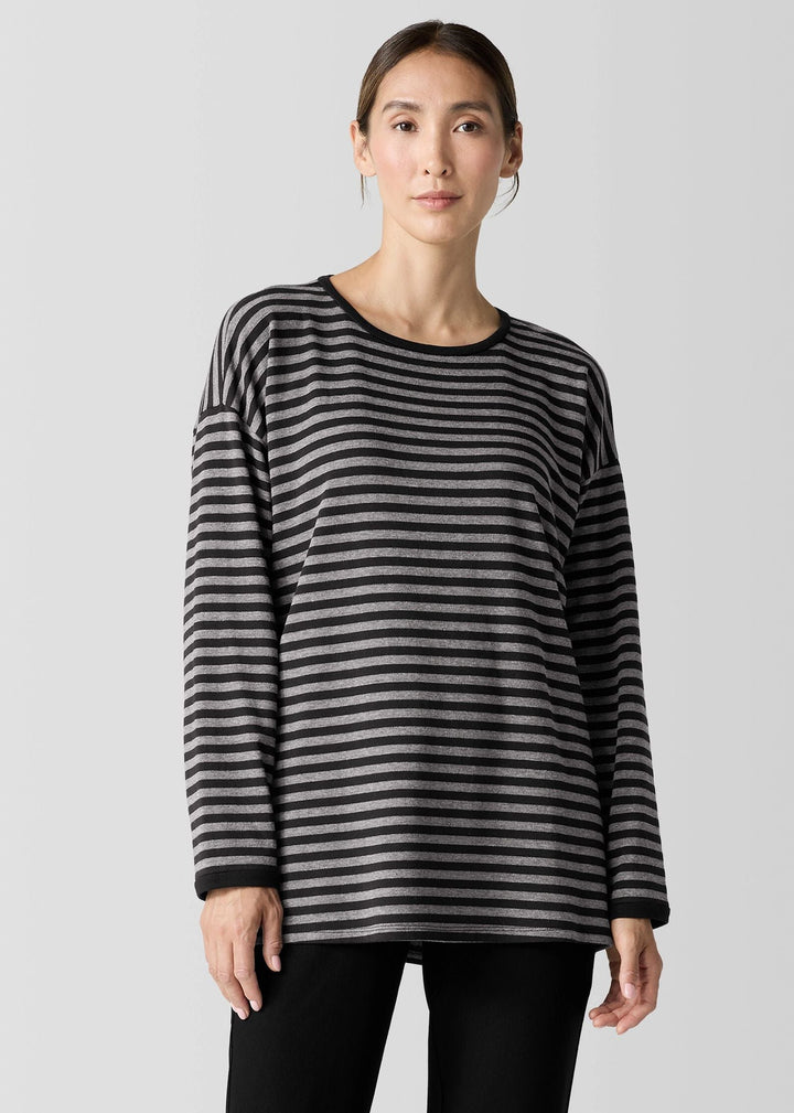 Eileen Fisher - Striped Cozy Brushed Terry Long Box-Top