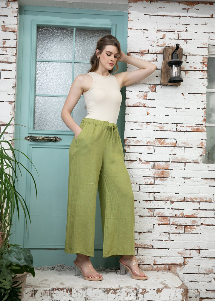 Orange - Wide Leg Linen Pant with Drawstring