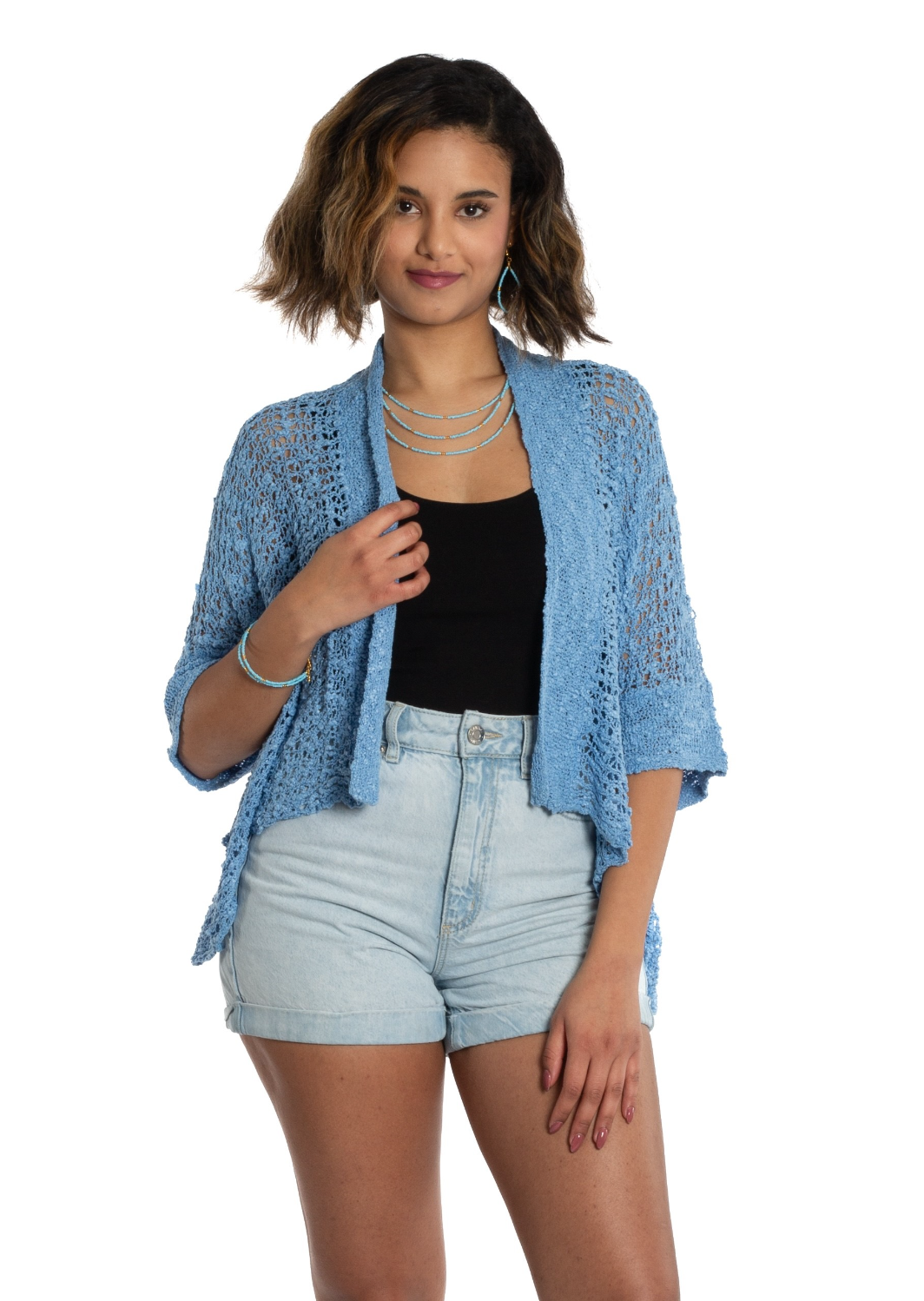 Suzie Blue - Popcorn Knit Short Sleeve Cardigan