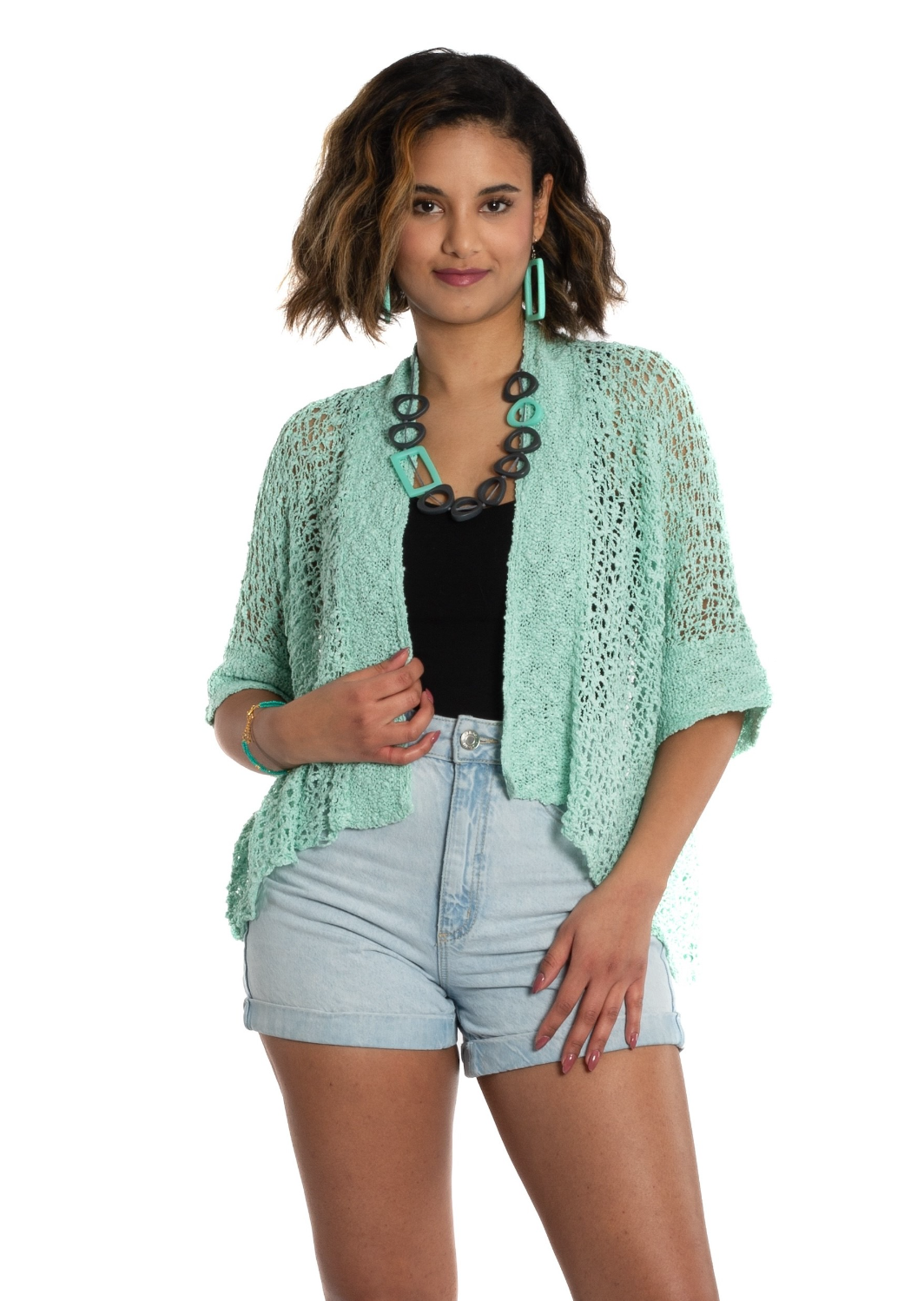 Suzie Blue - Popcorn Knit Short Sleeve Cardigan