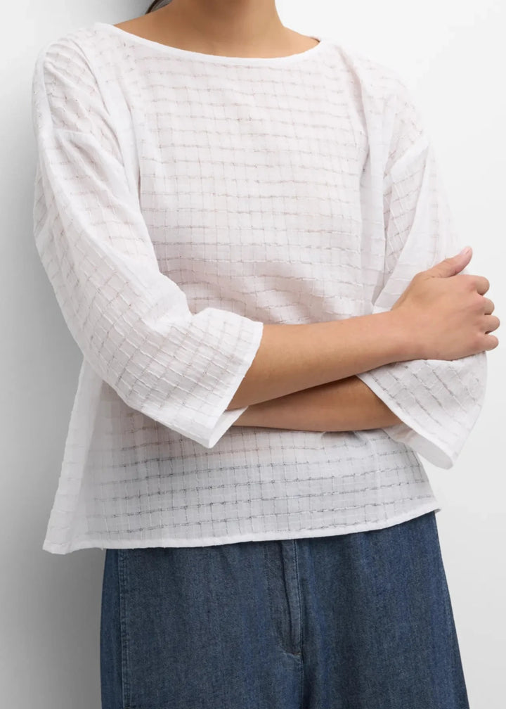 Eileen Fisher - Bateau-Neck Grid Organic Cotton Voile Shirt -SALE